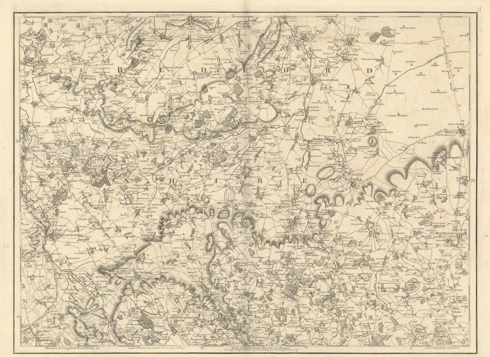North Chilterns. Hertfordshire Bedford Dunstable Luton #3 Andrews/Dury 1818 map